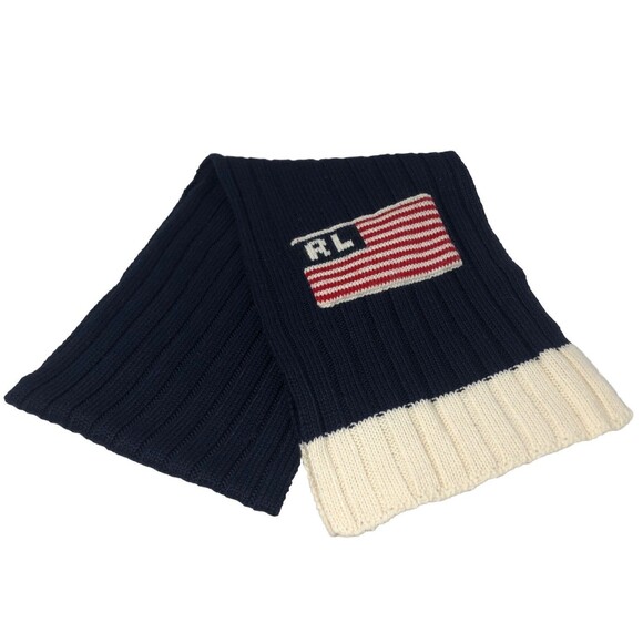 Polo Ralph Lauren RL Logo USA Flag Ribbed Knit Scarf VTG Ski Wool Blend 60x 10 - Picture 5 of 9